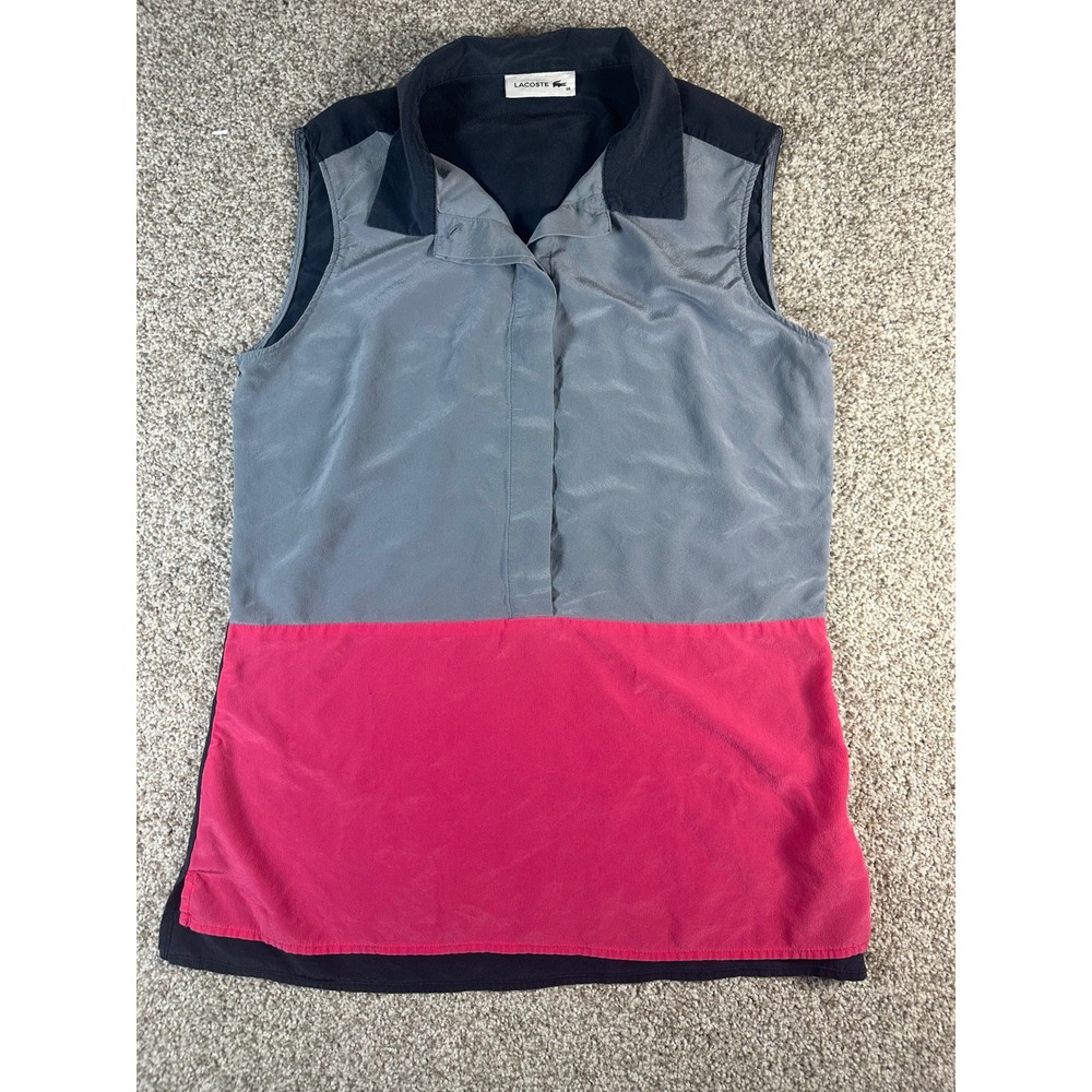 Lacoste 100% Silk Sleeveless Colorblock Blouse Grey Pink Navy Blue Size 36